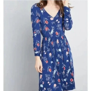MODCLOTH Comfortably Curious Ruched Sleeve V-Neck Jersey Dress Blue Size Small